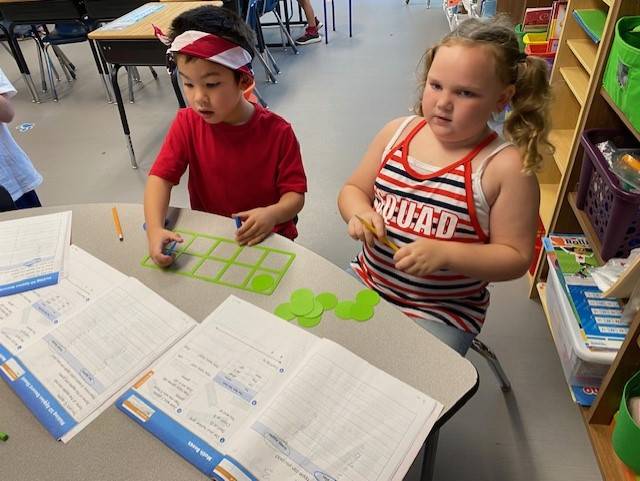CES elementary students working on math together